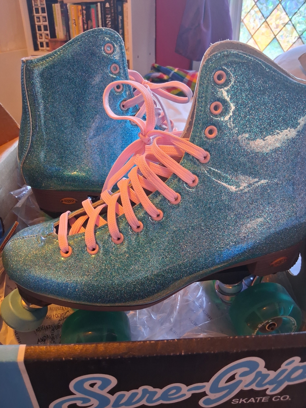 Stardust Blue Glitter Roller Skates with Pink Laces